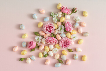 Pastel Easter Eggs and Pink Roses Arrangement