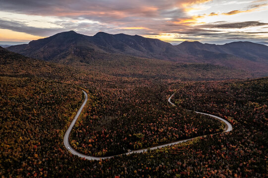 aerial view of Kancamagus Highway in New Hamshire in fall.