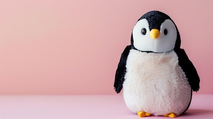 cute cushy child penguin bird toy on a pastel pink background