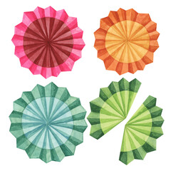 Fiesta flowers set in watercolor. Colorful paper fans for Cinco de Mayo decoration. Celebration designs for packaging, printing, cards, posters. Clip arts isolated on white background.