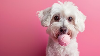 White canine licks frozen yogurt on a pink background - obrazy, fototapety, plakaty