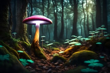 Enchanting mushroom light casting a magical glow in a surreal fantasy forest scene.