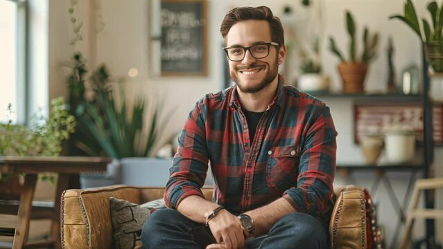Smiling man in plaid shirt sitting casually in a cozy interior. Concept of modern lifestyle and relaxation design for magazine article,