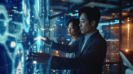 technology, future, innovation, data analysis, touchscreen, interactive display, digital interface, man, woman, teamwork, corporate, network, server room, digitalization, smart city, blue tones