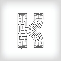 Unique linear letter K maze puzzle. Confusing game and educational activity set.