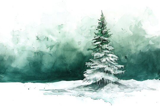 Watercolor winter landscape with snowy fir trees,  Hand drawn illustration