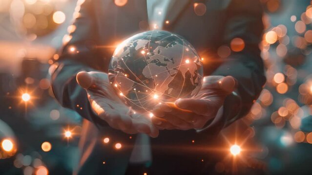 Person holding holographic globe. Digital interface, global business concept, stock market, with copy space.