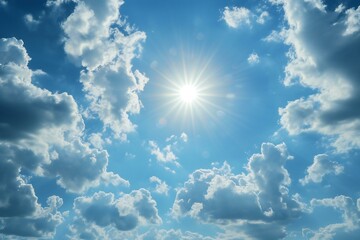 Blue sky with white clouds and sun,  Natural background - obrazy, fototapety, plakaty