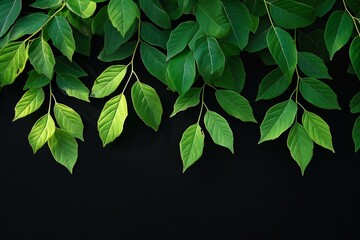 Green leaves on black background,  Flat lay, top view, copy space - obrazy, fototapety, plakaty