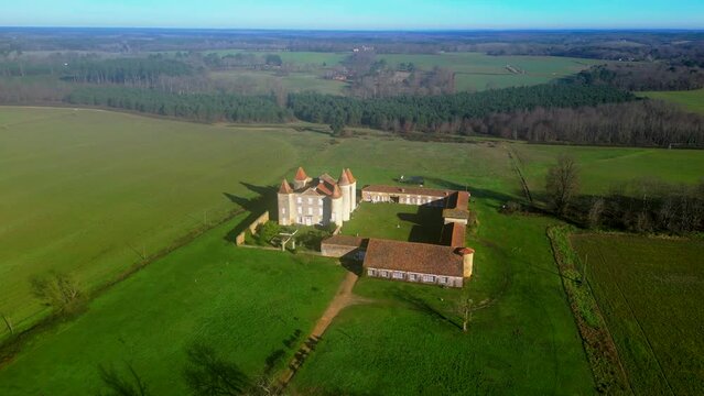 Aerial view Chateau of Gabardan, 12th and 14th century fiefdom of Gaston Phebus and Jeanne d'Albret, Escalans, Landes, France. High quality 4k footage