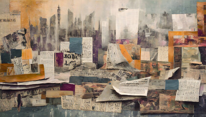 Paint a collage of scenes with the textures of aged newspaper clippings, using oil technique....