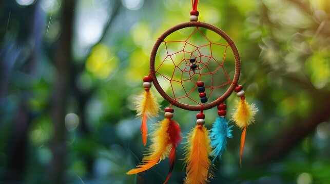Colorful Dreamcatcher made of feathers leather beads and ropes, hanging, handmade ,Symbol woman native feather catcher background luck indian dreamcatcher beauty dream forest nature
