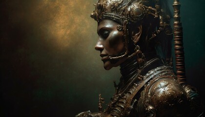  an ancient statue; science fiction art; futuristic feel; cinematic shot; side view 