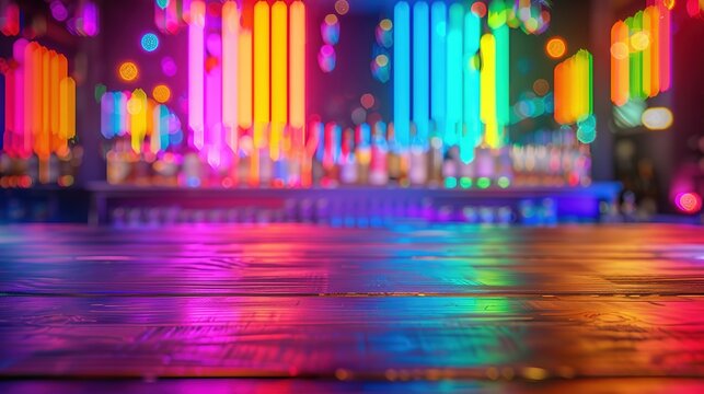 miami bar background with empty wooden table for product display, indoor blurred background, colorful rainbow color bokeh lights