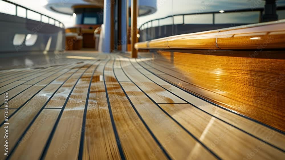 Poster a side view of a yachts deck showcasing the smooth and flawless finish of the wooden surface. the cu