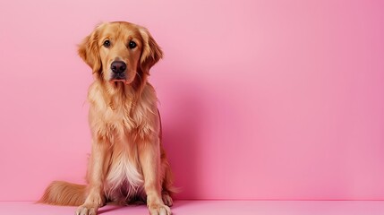 wonderful little brilliant retriever canine responding to commotion dubiously glancing around while sitting on pink background - obrazy, fototapety, plakaty