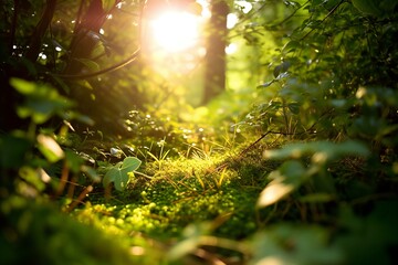 Sunset in the forest with green moss and sunbeams