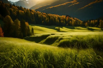 A serene meadow blanketed with vibrant green grass, nestled at the base of towering, sunlit mountains in autumn.