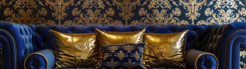 A luxury design of sofa with gold texture and royal blue background