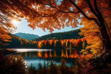 A secluded mountain lake surrounded by dense forests displaying their vibrant autumn colors, all beneath a cloudless sky.