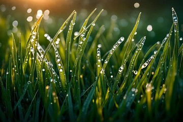 Blades of green grass covered in morning dew, glistening in the early light of a crisp autumn day.
