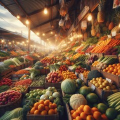 Large, covered indoor vegetable market full of produce
 - obrazy, fototapety, plakaty