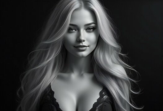 Portrait of a beautiful woman with long blond hair,  Black and white photo