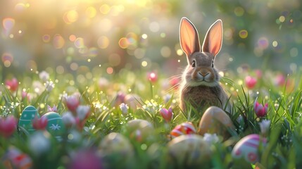 Fototapeta na wymiar Abstract Defocused Easter Scene Ears Bunny Behind Grass And Decorated Eggs In Flowery Field, Ears Bunny Behind Grass And Decorated Eggs In Flowery Field generated 