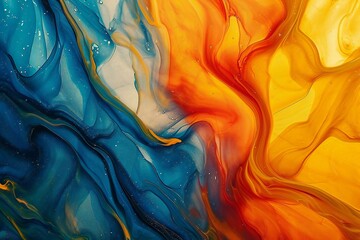 Abstract background of acrylic paint in blue and orange tones with waves and splashes - obrazy, fototapety, plakaty
