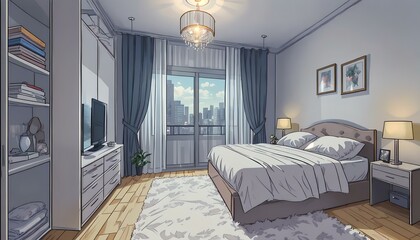 Modern bedroom interior illustration. Generative AI.