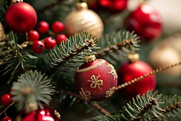 Christmas tree decoration with red balls and red berries on blurred background
