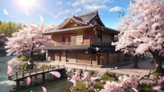 Enchanting 4k video footage portraying the serene beauty of a pond in a classic Japanese garden, rendered in anime style.