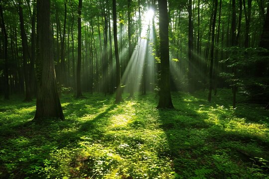 Morning in the green forest, spring time,  Sun rays through the trees