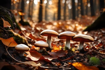 A stunning HD shot capturing the intricate beauty of fresh mushrooms in the heart of an autumn forest. - obrazy, fototapety, plakaty