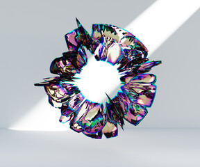 3d render, abstract geometric torus shape, cracked surface with hole. Split object isolated on white background. Minimal design.