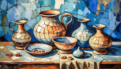 Paint a still life with the textures of cracked vintage ceramics, using oil paint. Generative AI.