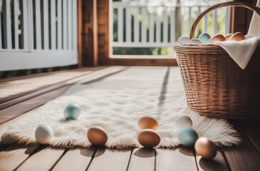 Easter holiday. a wicker basket with Easter eggs on a light rug on the veranda of a wooden house. Easter postcard