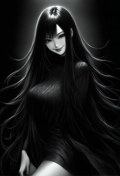 Illustration of a beautiful gothic woman with long black hair