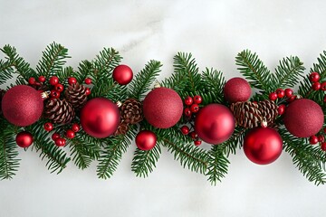 Fototapeta na wymiar Christmas background with fir branches, red balls and berries on white background
