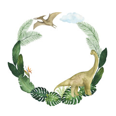 Watercolor circle frame with illustration of a dinosaurs and tropical leaves, monstera, palm trees, isolated. For children's room decor, wallpaper, textile © dakora