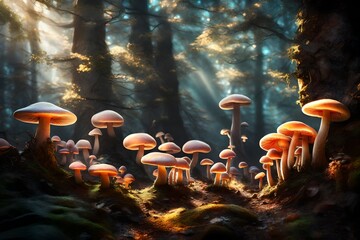 A mesmerizing forest of fantasy mushrooms bathed in soft, ethereal light.
