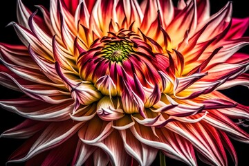 An artistic perspective of a multi-colored dahlia bloom, emphasizing the vibrant gradient of its petals with stunning realism
