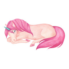 Watercolor illustration of a cute sleeping lying unicorn in pink and turquoise colors. Fairy-tale...