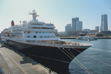 Modern family fun cruiseship cruise ship liner Nippon Maru in Yokohama port near Tokyo, Japan...