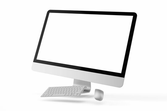 one modern tech blank lcd responsive monitor screen display desktop computer device realistic mockup template with keyboard and mouse 3d render illustration isolated floating view