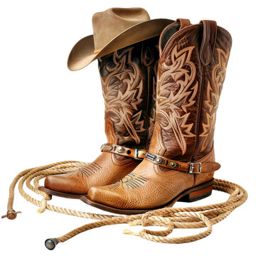 Western boots and a lap or lariat rope and spurs and a cowboy hat on a transparent background 