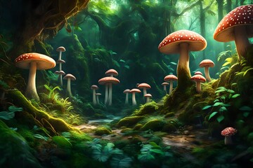 A breathtaking 4K view of a lush jungle where fantasy mushrooms thrive in their natural habitat. - obrazy, fototapety, plakaty