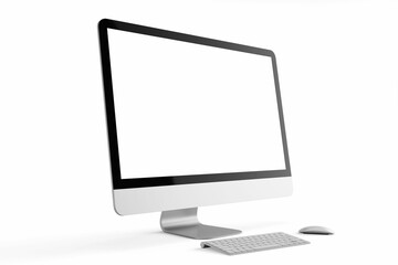 one modern tech blank lcd responsive monitor screen display desktop computer device realistic mockup template with keyboard and mouse 3d render illustration isolated perspective view