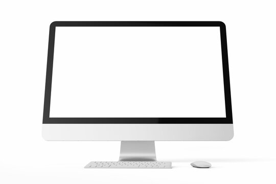 one modern tech blank lcd responsive monitor screen display desktop computer device realistic mockup template with keyboard and mouse 3d render illustration isolated front view