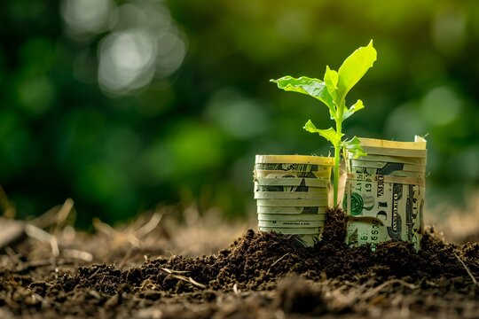 Green plant growing from dollar banknotes on soil with green bokeh background